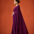 Wine Purple Embroidered Saree with Matching Blouse Party Wear Saree