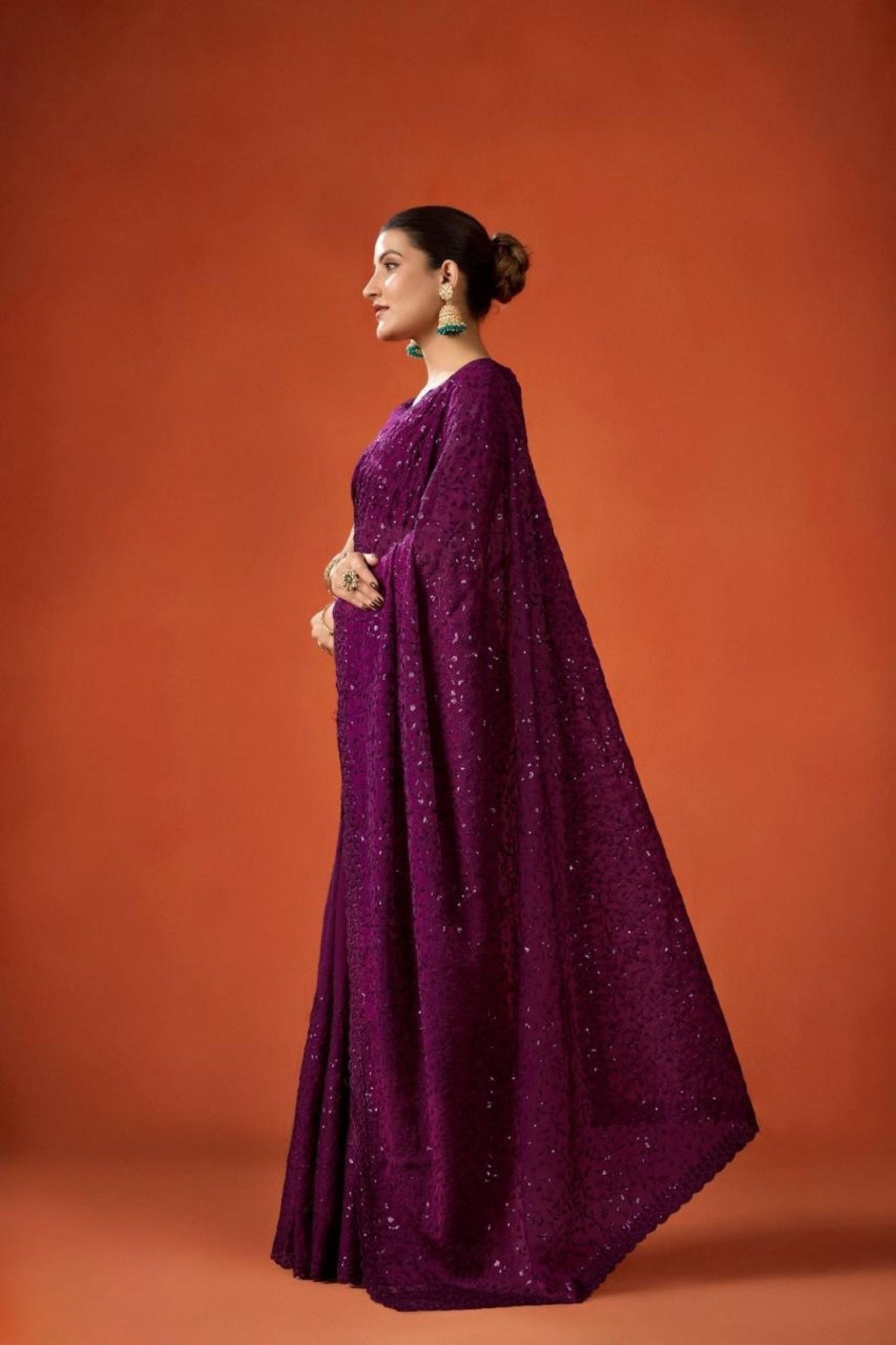 Wine Purple Embroidered Saree with Matching Blouse Party Wear Saree