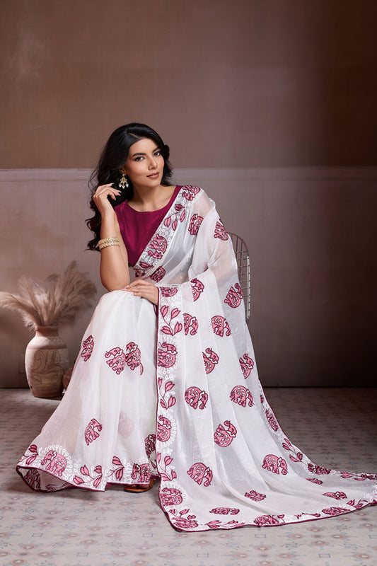 White Organza Saree Maroon Elephant Motif Print Embroidered Border