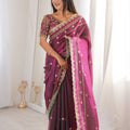 Magenta Purple Organza Silk Saree Golden Thread Embroidery Blouse