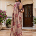 Beige Floral Printed Linen Silk Saree with Mauve Border