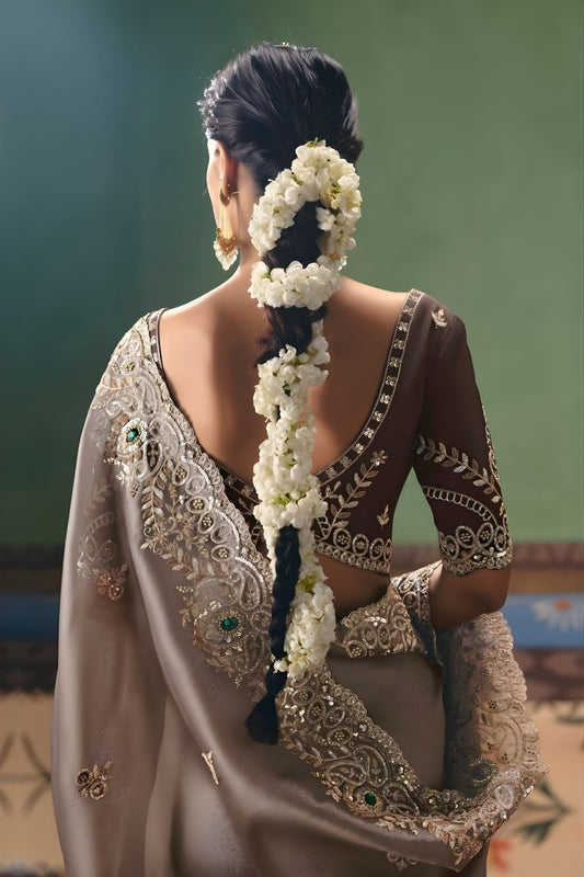 Grey Designer Silk Saree with Heavy Embroidery Border