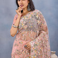 Peach Pink Floral Embroidered Net Saree with Designer Border