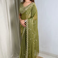 Olive Green Organza Silk Saree Heavy Sequins Embroidered Border Designer Blouse