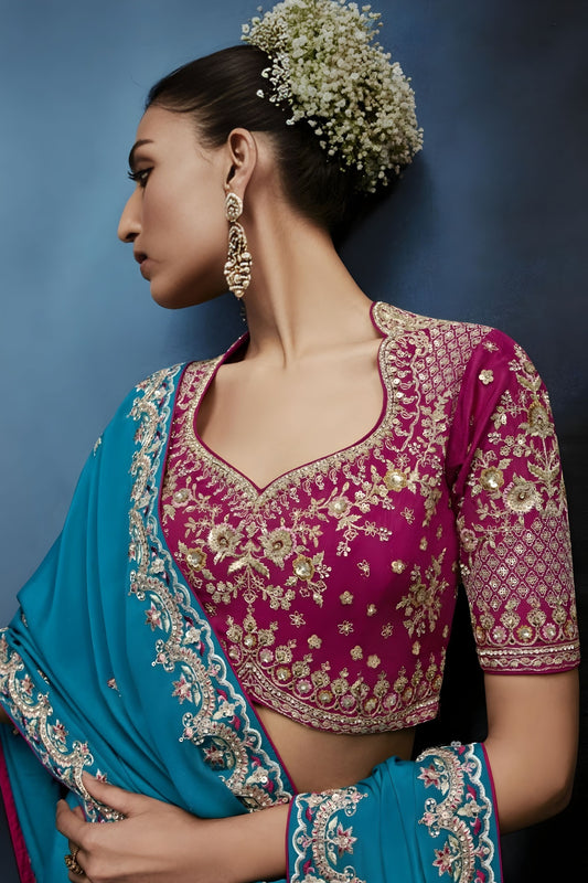 Luxury Teal Blue Embroidered Saree with Designer Blouse