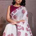 White Organza Saree Maroon Elephant Motif Print Embroidered Border