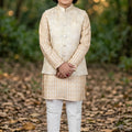 Dapper Beige Jacquard Digital Printed Kurta Pajama Set with Designer Nehru Jacket for Boys