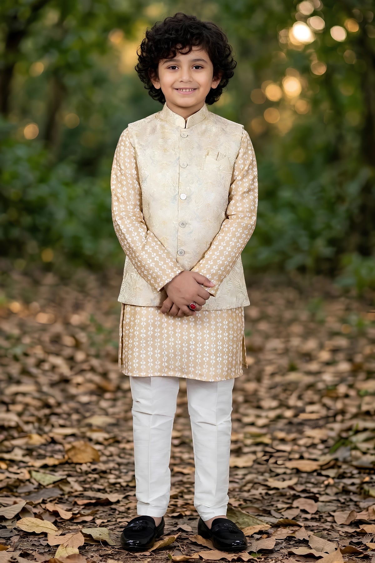 Dapper Beige Jacquard Digital Printed Kurta Pajama Set with Designer Nehru Jacket for Boys