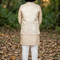 Dapper Beige Jacquard Digital Printed Kurta Pajama Set with Designer Nehru Jacket for Boys