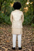 Dapper Beige Jacquard Digital Printed Kurta Pajama Set with Designer Nehru Jacket for Boys