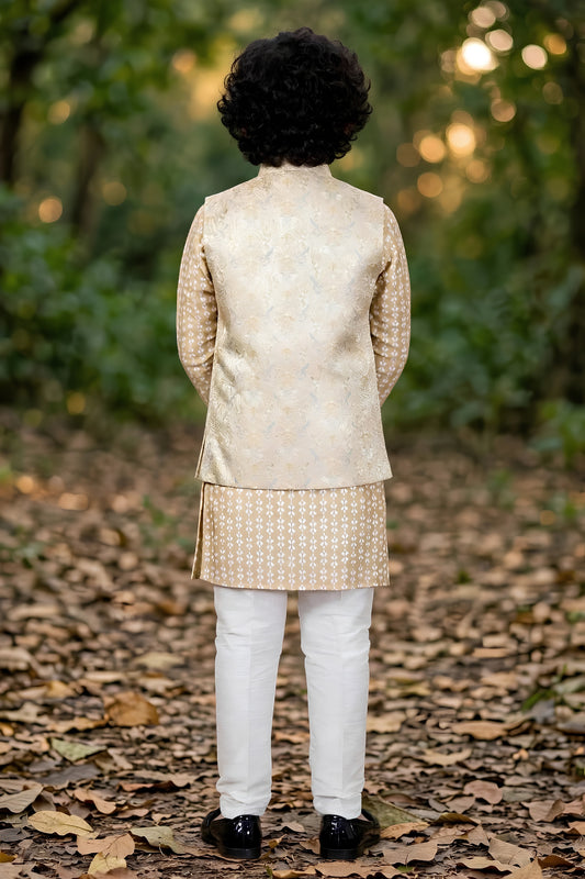 Dapper Beige Jacquard Digital Printed Kurta Pajama Set with Designer Nehru Jacket for Boys