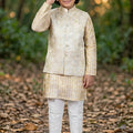 Dapper Beige Jacquard Digital Printed Kurta Pajama Set with Designer Nehru Jacket for Boys