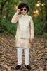 Dapper Beige Jacquard Digital Printed Kurta Pajama Set with Designer Nehru Jacket for Boys