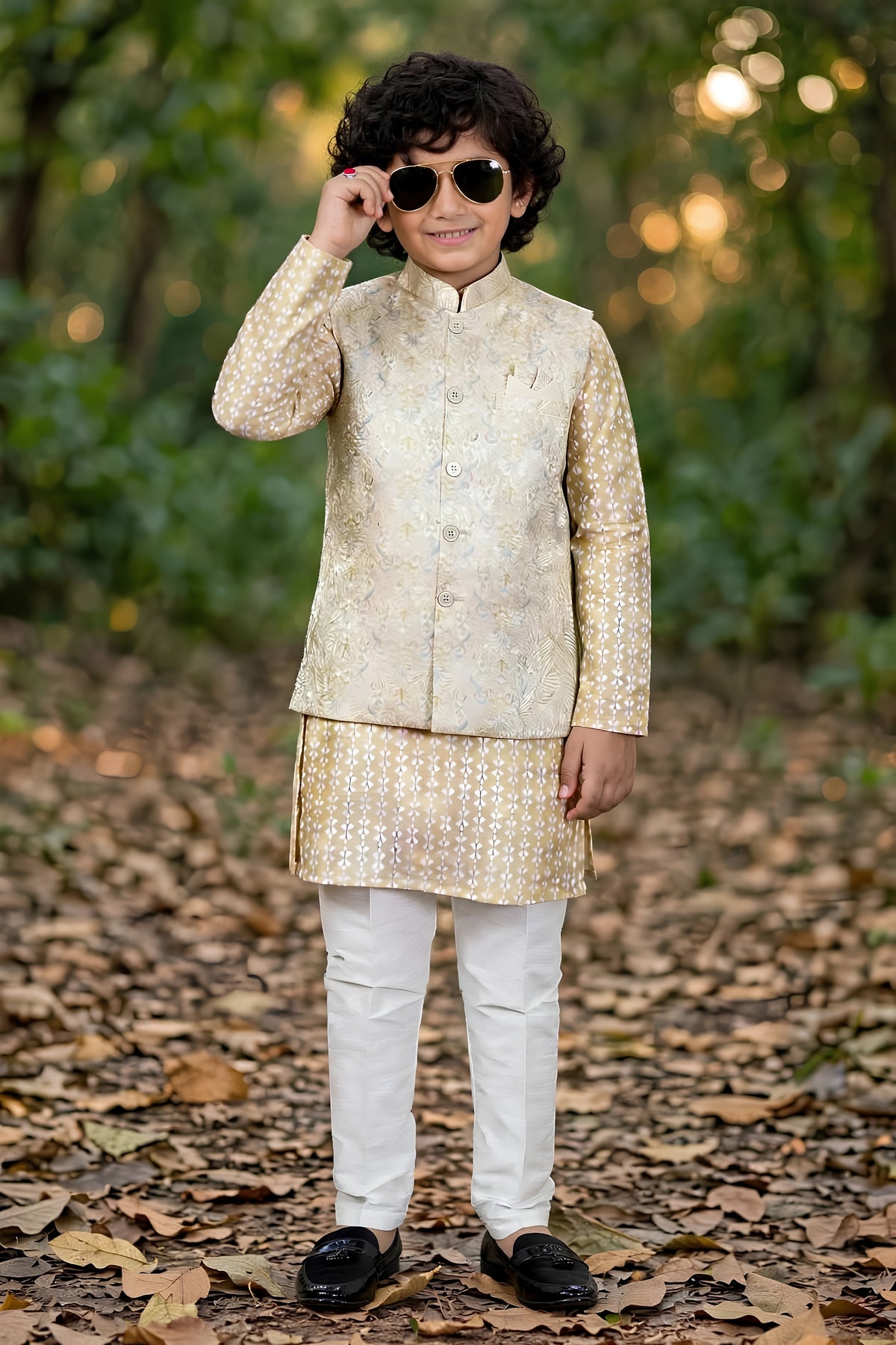 Dapper Beige Jacquard Digital Printed Kurta Pajama Set with Designer Nehru Jacket for Boys
