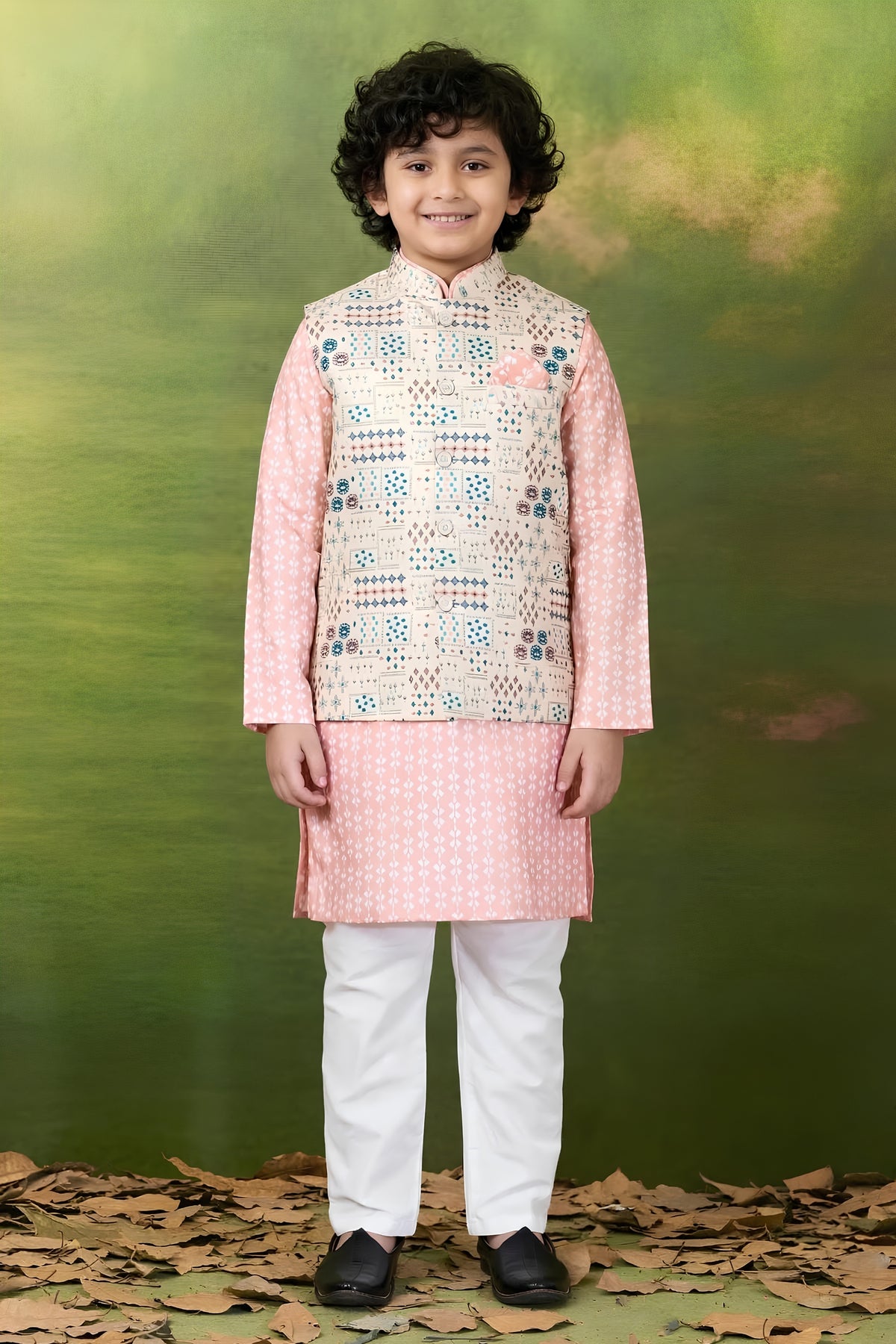 Charming Peach Jacquard Digital Printed Kurta Pajama Set with Designer Nehru Jacket for Boys
