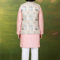 Charming Peach Jacquard Digital Printed Kurta Pajama Set with Designer Nehru Jacket for Boys