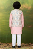 Charming Peach Jacquard Digital Printed Kurta Pajama Set with Designer Nehru Jacket for Boys