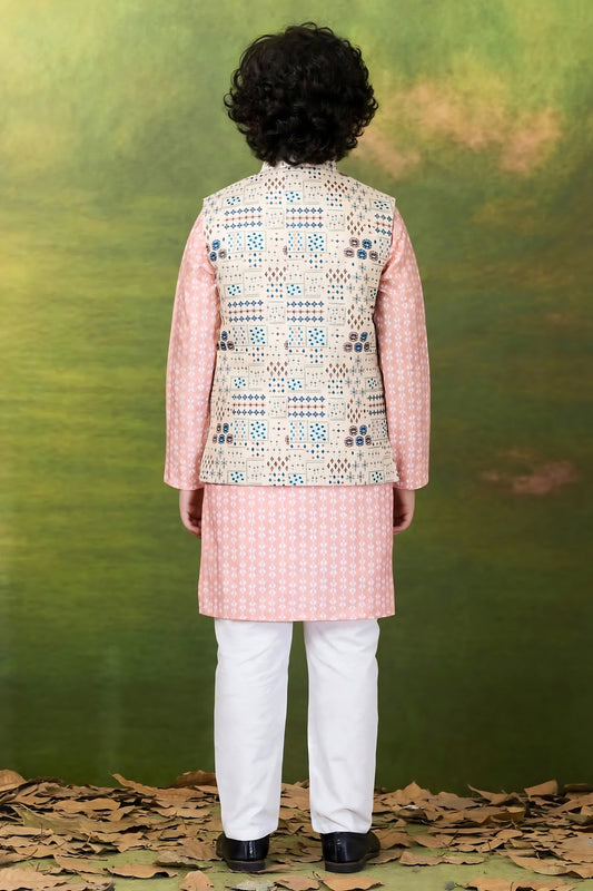 Charming Peach Jacquard Digital Printed Kurta Pajama Set with Designer Nehru Jacket for Boys