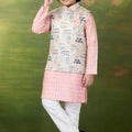 Charming Peach Jacquard Digital Printed Kurta Pajama Set with Designer Nehru Jacket for Boys