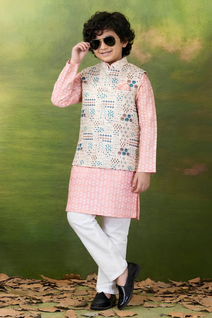 Charming Peach Jacquard Digital Printed Kurta Pajama Set with Designer Nehru Jacket for Boys