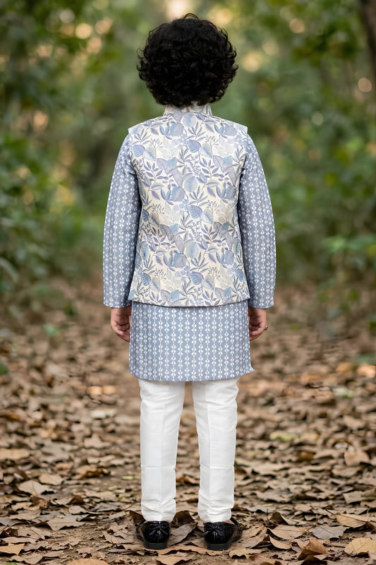 Elegant Grey Jacquard Digital Printed Kurta Pajama Set with Designer Nehru Jacket for Boys
