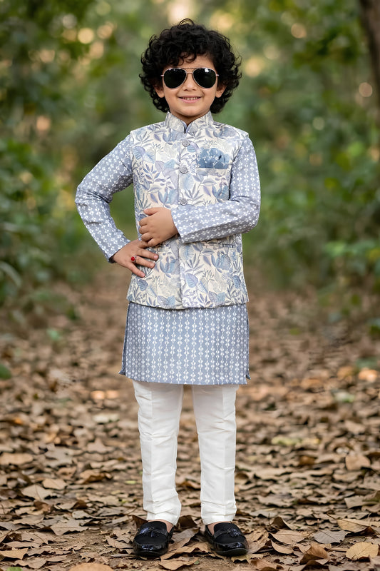 Elegant Grey Jacquard Digital Printed Kurta Pajama Set with Designer Nehru Jacket for Boys