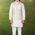 Regal Beige Jacquard Digital Printed Kurta Pajama Set with Designer Nehru Jacket for Boys