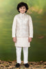 Regal Beige Jacquard Digital Printed Kurta Pajama Set with Designer Nehru Jacket for Boys