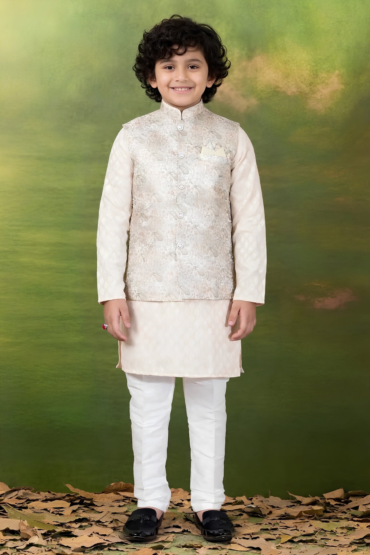 Regal Beige Jacquard Digital Printed Kurta Pajama Set with Designer Nehru Jacket for Boys