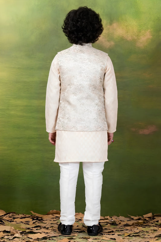 Regal Beige Jacquard Digital Printed Kurta Pajama Set with Designer Nehru Jacket for Boys