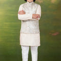 Regal Beige Jacquard Digital Printed Kurta Pajama Set with Designer Nehru Jacket for Boys