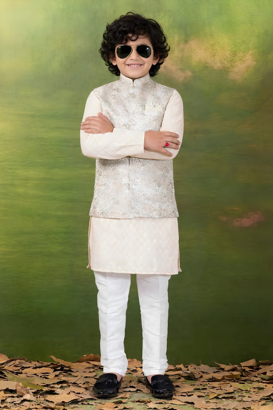 Regal Beige Jacquard Digital Printed Kurta Pajama Set with Designer Nehru Jacket for Boys