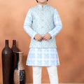 Radiant Sky Blue Jacquard Digital Printed Kurta Pajama Set with Designer Nehru Jacket for Boys