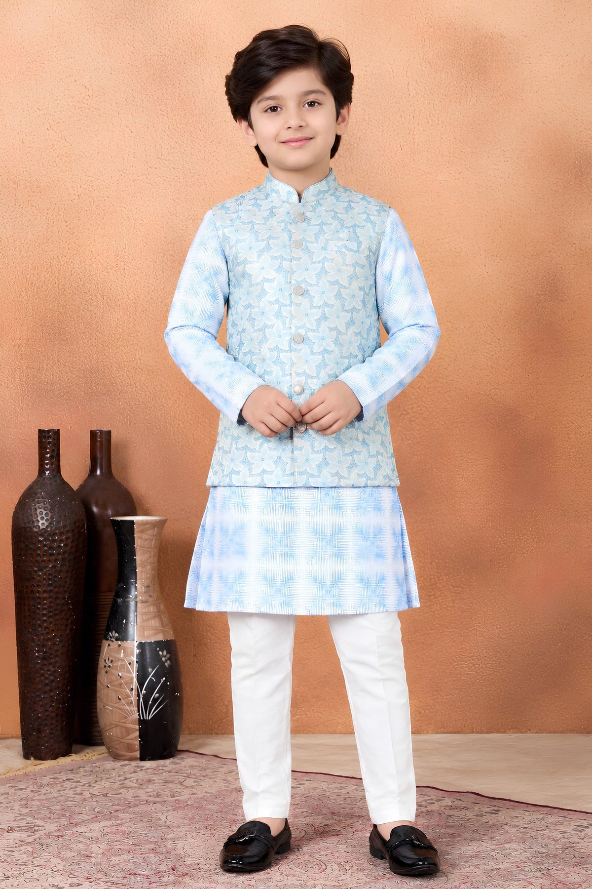 Radiant Sky Blue Jacquard Digital Printed Kurta Pajama Set with Designer Nehru Jacket for Boys