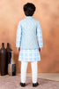 Radiant Sky Blue Jacquard Digital Printed Kurta Pajama Set with Designer Nehru Jacket for Boys