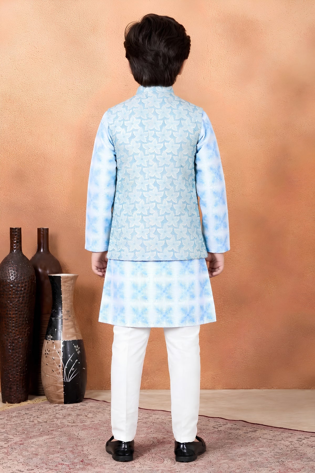 Radiant Sky Blue Jacquard Digital Printed Kurta Pajama Set with Designer Nehru Jacket for Boys
