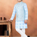 Radiant Sky Blue Jacquard Digital Printed Kurta Pajama Set with Designer Nehru Jacket for Boys