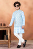 Radiant Sky Blue Jacquard Digital Printed Kurta Pajama Set with Designer Nehru Jacket for Boys