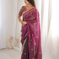 Magenta Purple Organza Silk Saree Golden Thread Embroidery Blouse