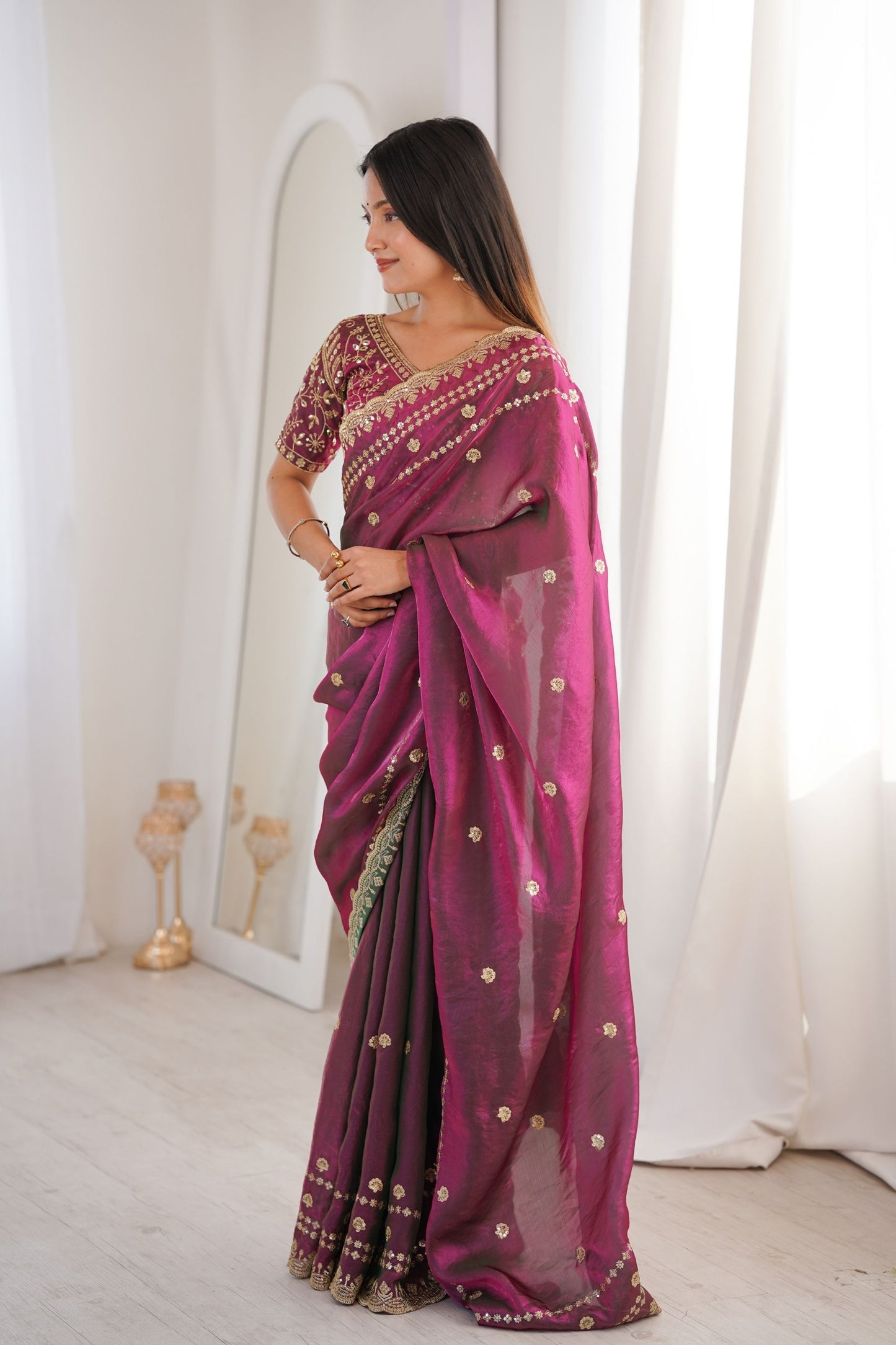 Magenta Purple Organza Silk Saree Golden Thread Embroidery Blouse