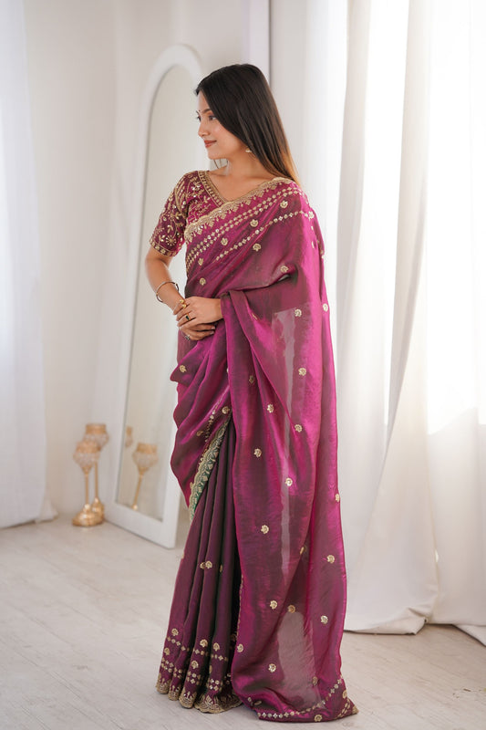 Magenta Purple Organza Silk Saree Golden Thread Embroidery Blouse
