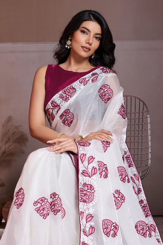White Organza Saree Maroon Elephant Motif Print Embroidered Border
