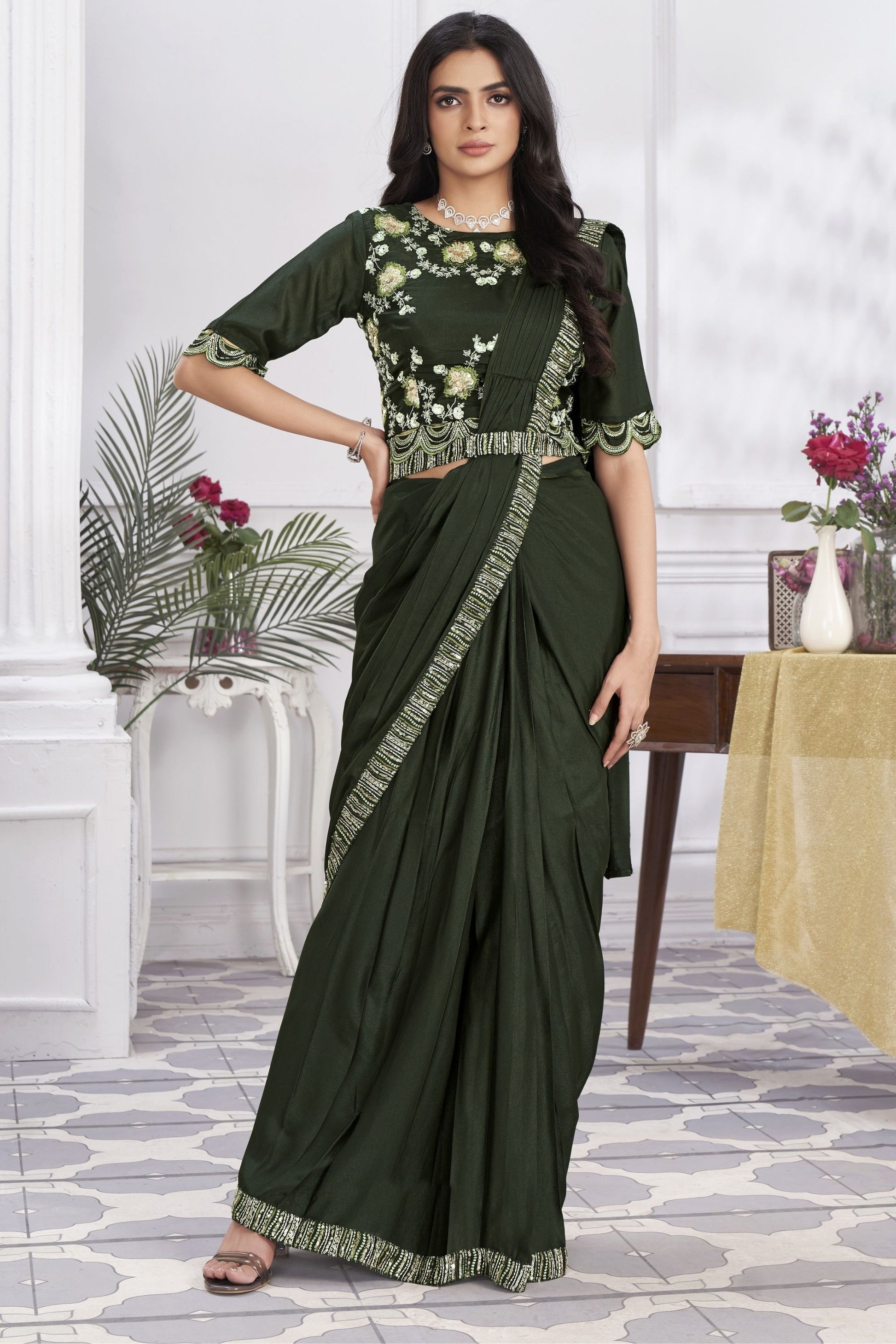 Elegant Dark Green Embroidered Designer Saree