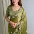 Olive Green Organza Silk Saree Heavy Sequins Embroidered Border Designer Blouse