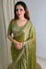 Olive Green Organza Silk Saree Heavy Sequins Embroidered Border Designer Blouse