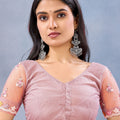 Peach Pink Floral Embroidered Net Saree with Designer Border
