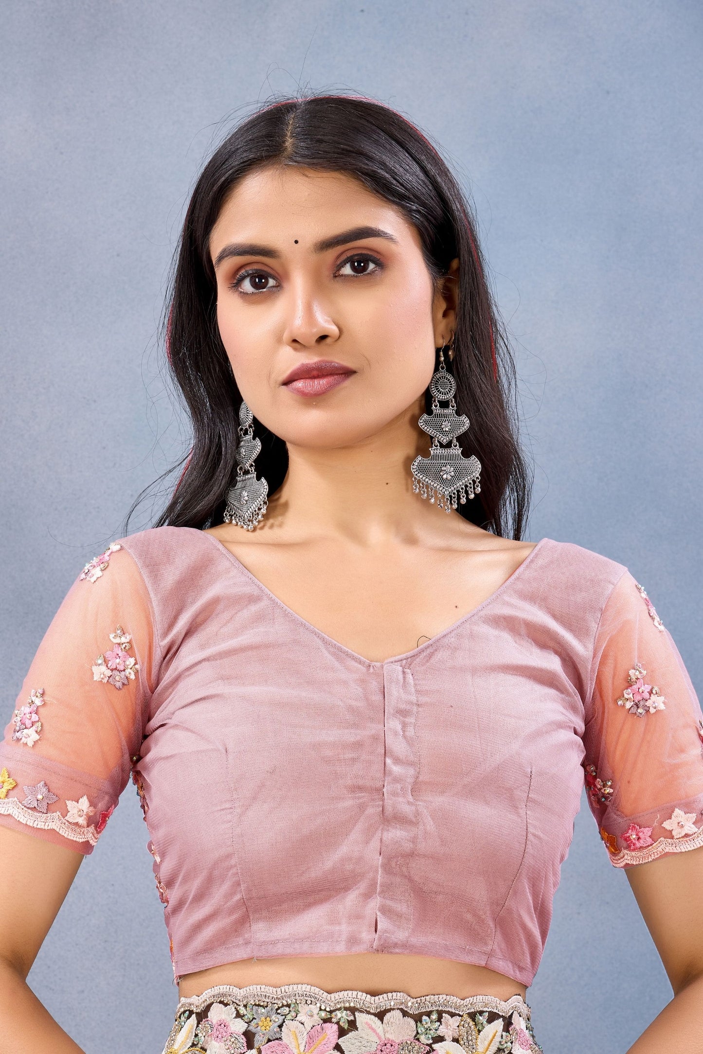 Peach Pink Floral Embroidered Net Saree with Designer Border