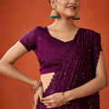 Wine Purple Embroidered Saree with Matching Blouse Party Wear Saree
