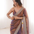 Dual Tone Purple Copper Organza Saree Designer Embroidered Border