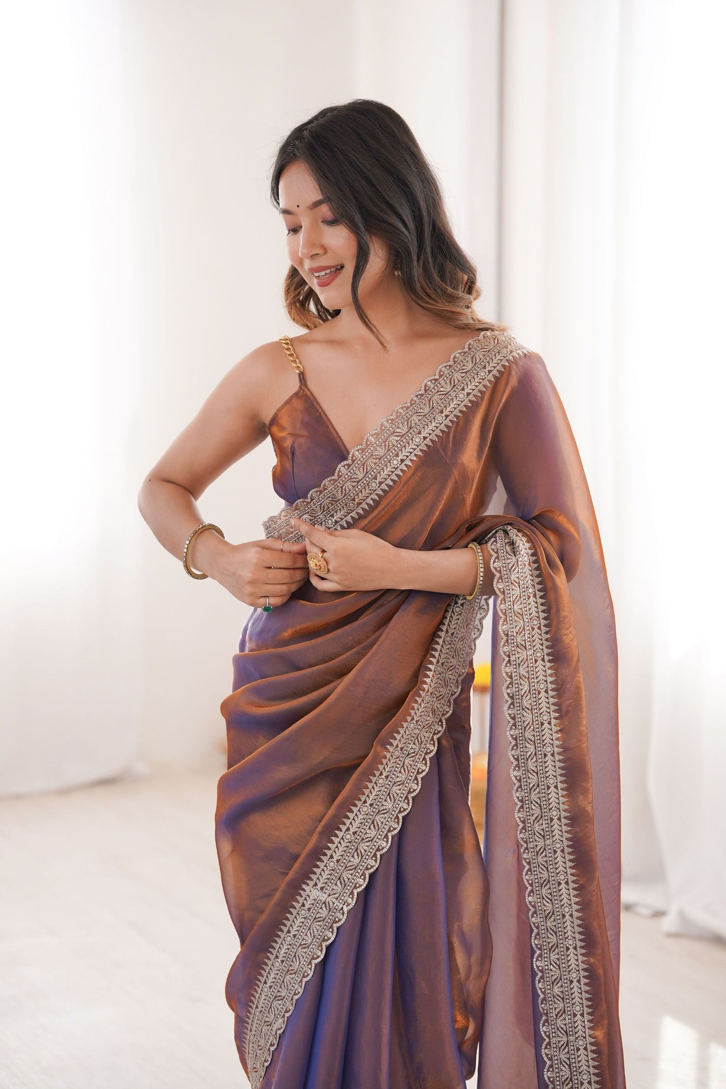 Dual Tone Purple Copper Organza Saree Designer Embroidered Border